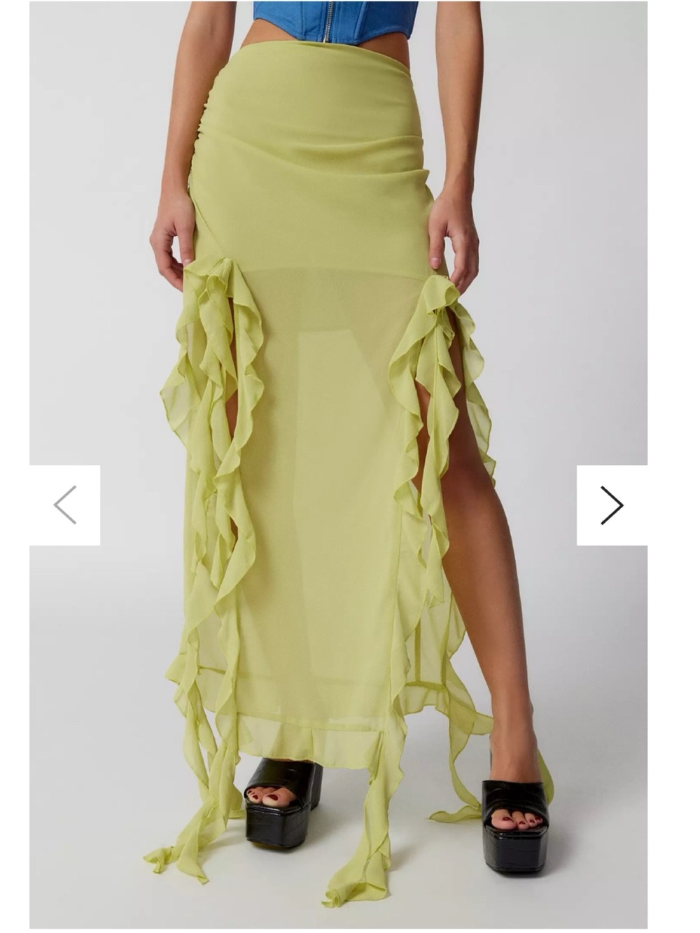 Lioness Lime Chiffon Maxi Skirt with Asymmetrical Hem, Ruching, and Ruffles
